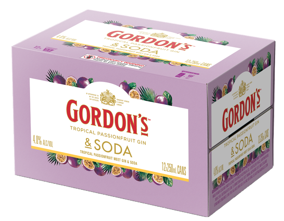 Gordons Tropical Passionfruit Gin & Soda 4% 250mL Can 12 Pack Gordons Tropical Passionfruit Gin & Soda 4% 250mL Can 12 Pack - Image 1